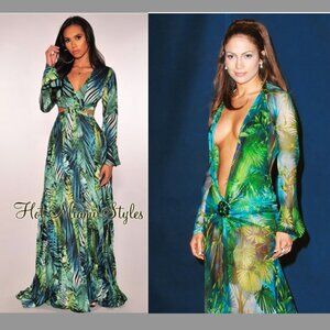 Green Palm Print Cut Out Long Sleeves Pleated Maxi Dress - JLo Versace Jungle